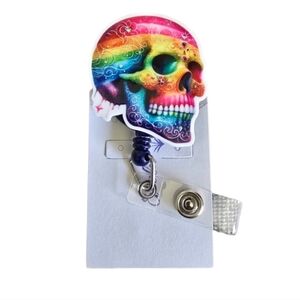 Skull Skeleton Colorful Gothic Retractable Work Name Badge ID Reel Holder